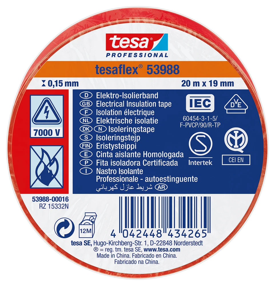 Tesa Isolasjonstape PVC, 19 mm x 20 m, rød v:5232286