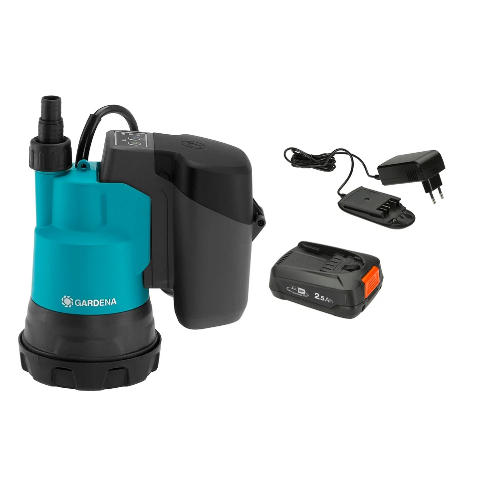 Gardena Nedsenkbar pumpe 2000/2 18V P4A, for klart vann, komplett med batteri og lader. v:6988445 Gardena Nedsenkbar pumpe 2000/2 18V P4A, for klart vann, komplett med batteri og lader. v:6988445