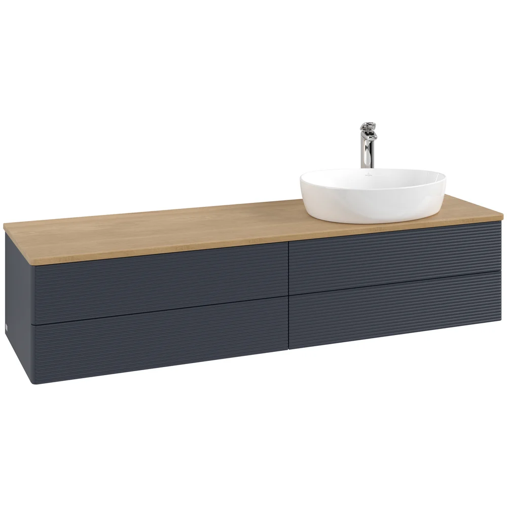 V&B ANTAO SERVANTSKAP 4 SKUFFER RILLET 1600X360X500 HØYRE M/KRANHULL BLÅ/EIK v:5928942