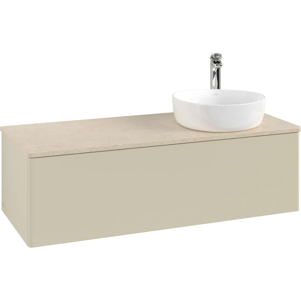 V&B ANTAO SERVANTSKAP 1 SKUFF GLATT 1200X360X500 HØYRE M/KRANHULL M/LYS SILKEGRÅ/CRÉME v:4951491