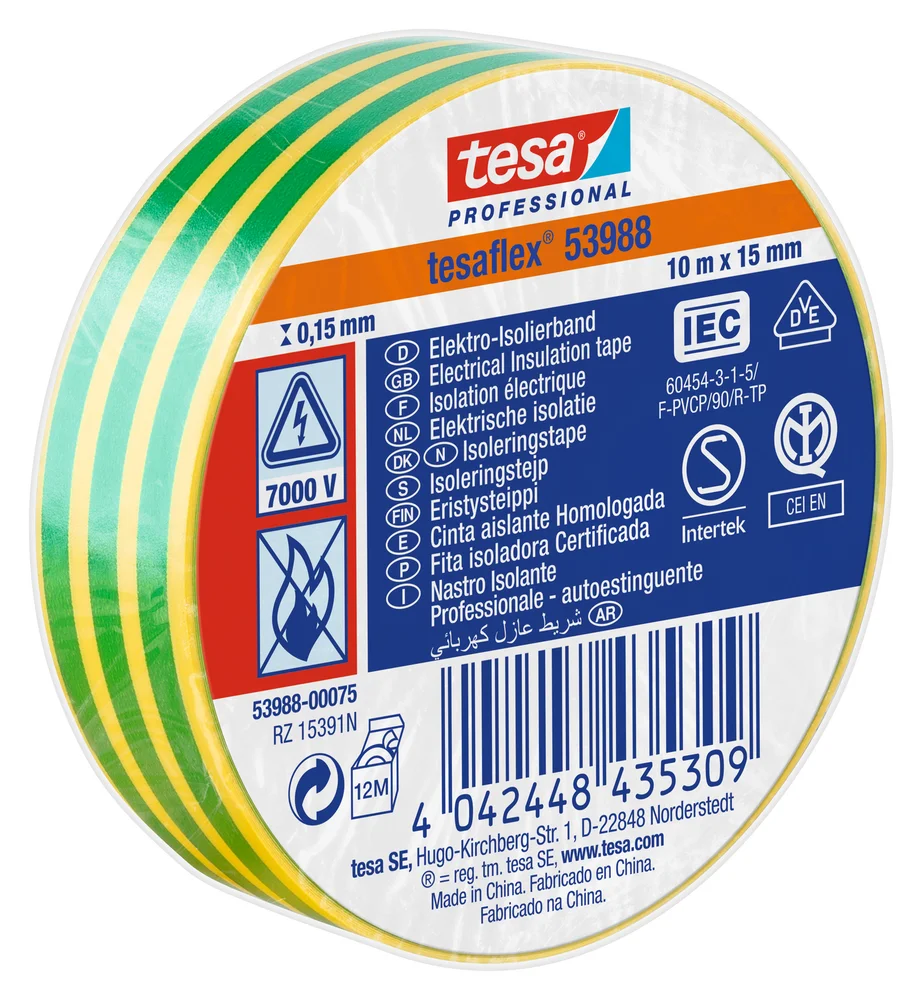 Elektrikertape Tesaflex 53988 10mx15mm Grønn/gul - Tesa v:6720638