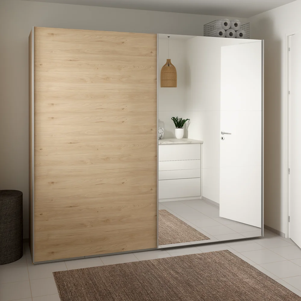 LIND NEST SKYVEDØRSGARDEROBE 250X220X67CM EIK MED SPEIL v:3469890