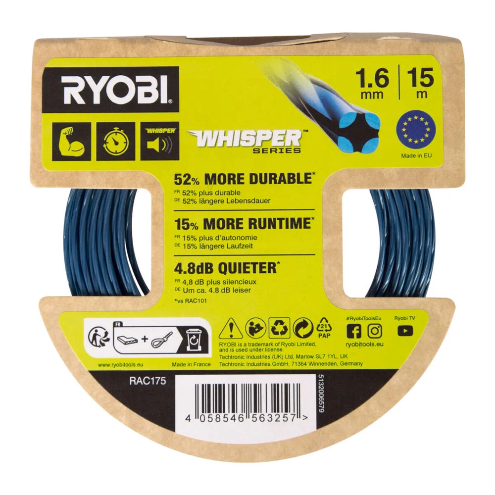 Ryobi RAC175 1,6 mm Whisper™ trimmertråd (15 m) v:5338014 Ryobi RAC175 1,6 mm Whisper™ trimmertråd (15 m) v:5338014