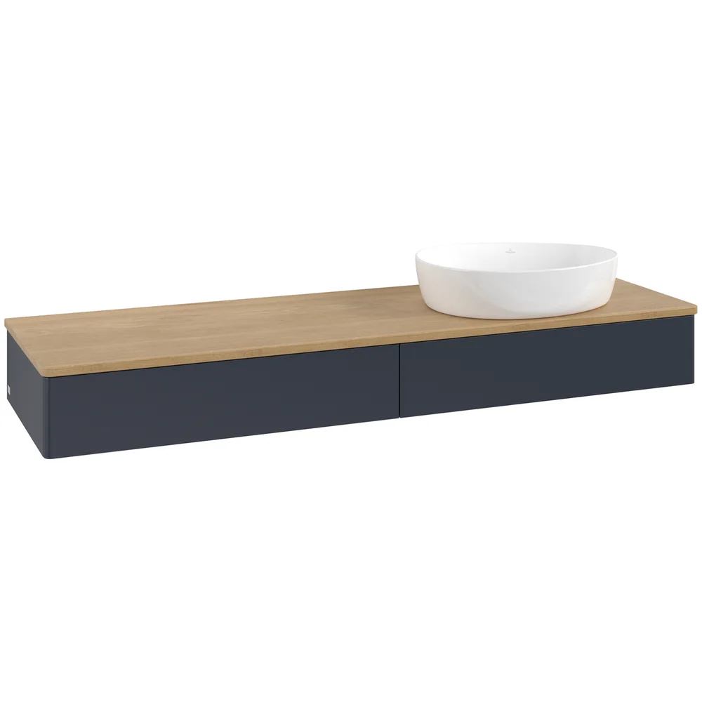 V&B ANTAO SERVANTSKAP 2 SKUFFER GLATT 1600X190X500 HØYRE U/KRANHULL BLÅ/EIK v:8136984