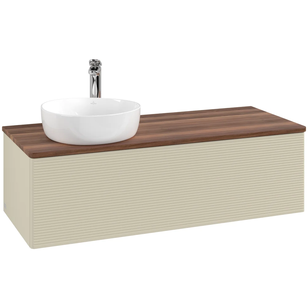 V&B ANTAO SERVANTSKAP 1 SKUFF RILLET 1200X360X500 VENSTRE M/KRANHULL SILKEGRÅ/VALNØTT v:2948878