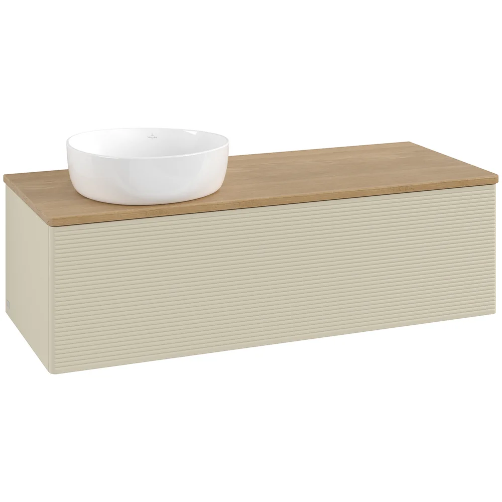 V&B ANTAO SERVANTSKAP 1 SKUFF RILLET 1200X360X500 VENSTRE U/KRANHULL SILKEGRÅ/EIK v:3478600