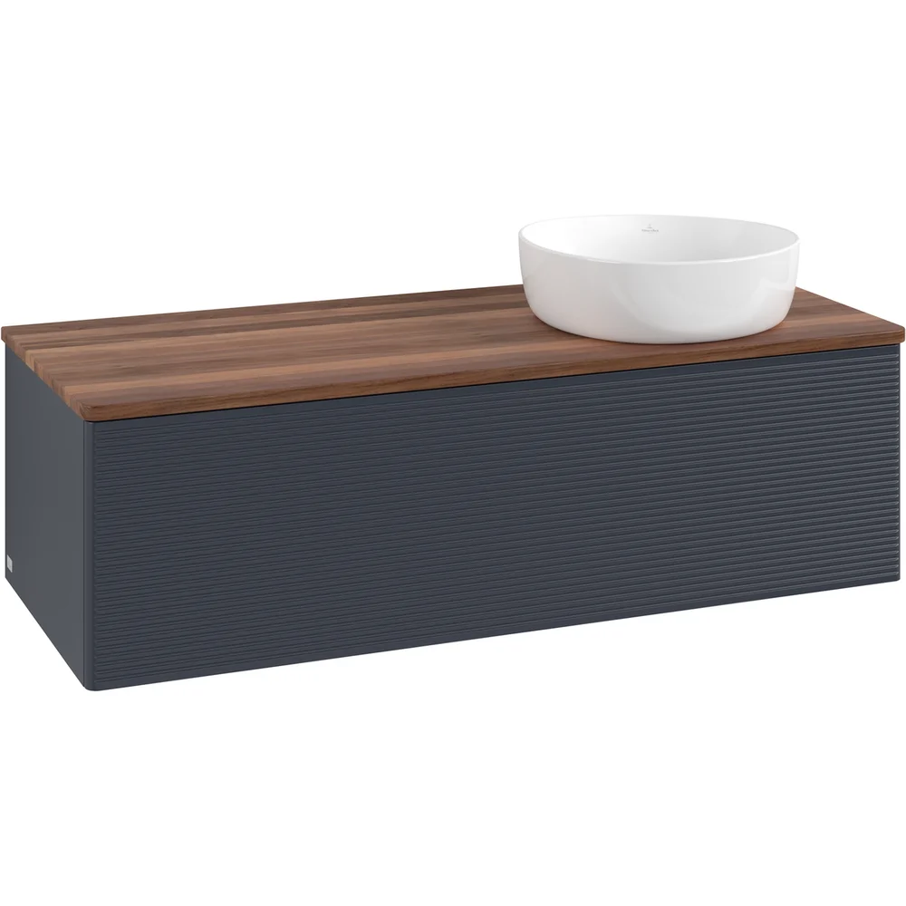 V&B ANTAO SERVANTSKAP 1 SKUFF RILLET 1200X360X500 HØYRE U/KRANHULL M/LYS BLÅ/VALNØTT v:3867611
